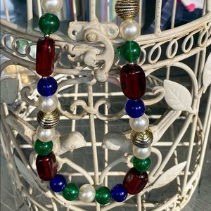 Gold, pearl, blue, green and amber jeweled necklace